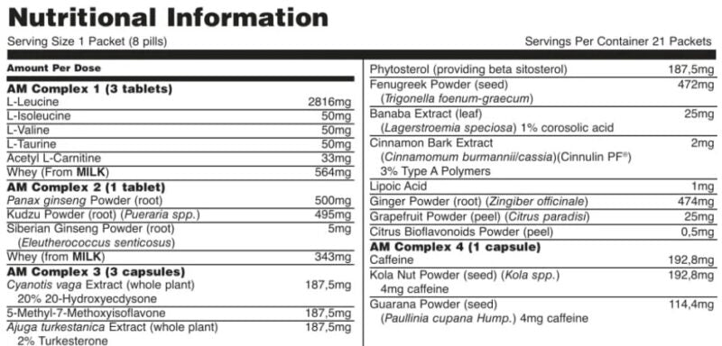 Animal M-Stak non-hormonal muscle pack nutritional information label showing ingredients and dosages per packet