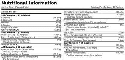 Animal M-Stak non-hormonal muscle pack nutritional information label showing ingredients and dosages per packet