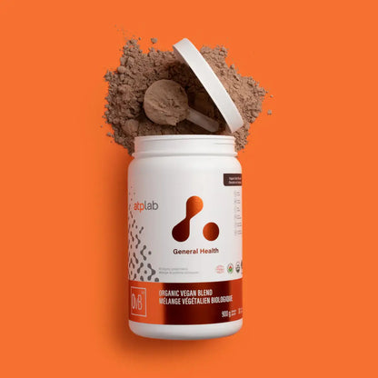 ATP Lab Organic Vegan Blend General Health powder 900g with scoop and powder on orange background