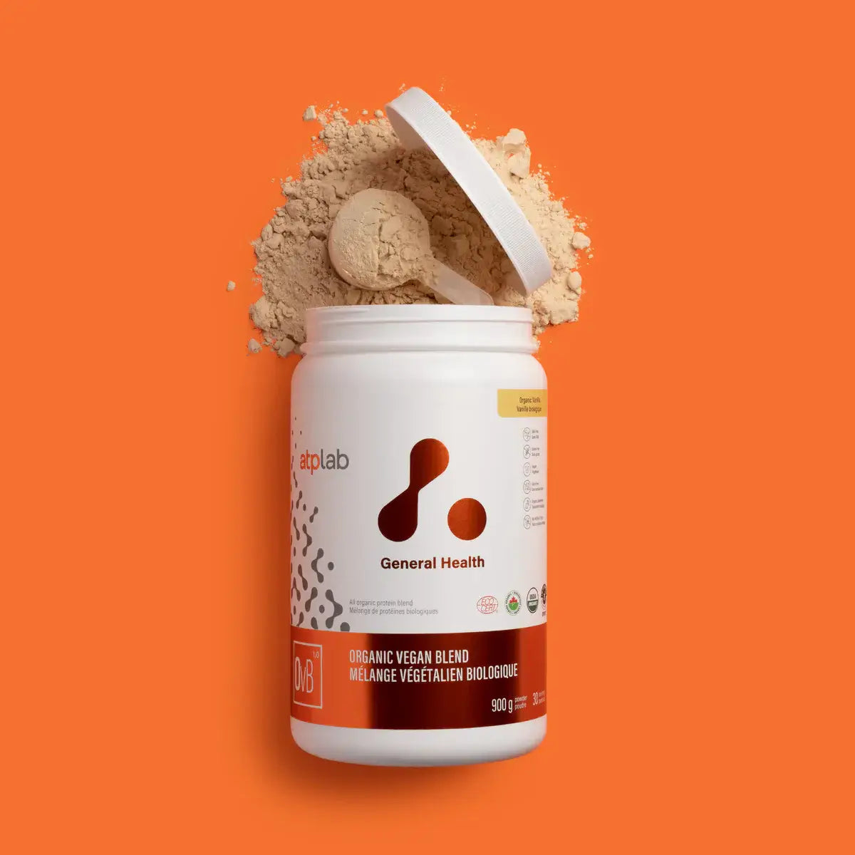 ATP Lab organic vegan protein powder for general health in a white container with scoop on orange background