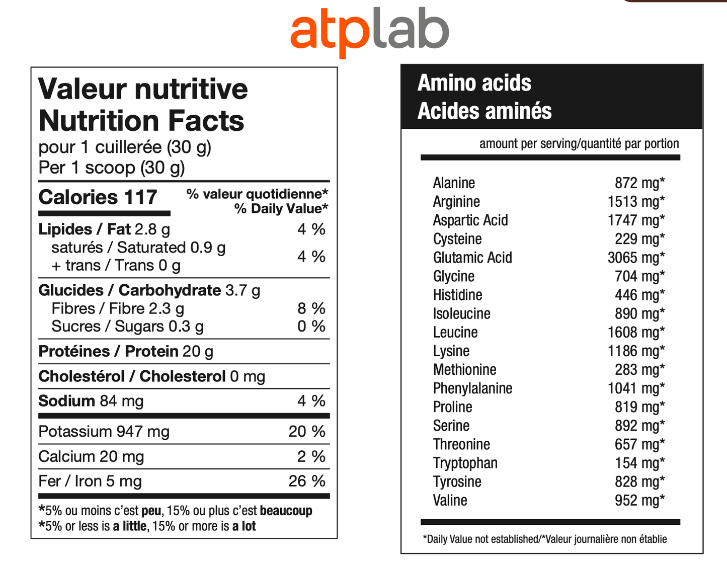 Nutrition facts and amino acid profile of ATP Lab organic vegan protein powder per 30g serving