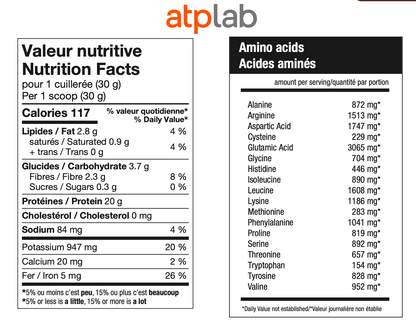 Nutrition facts and amino acid profile of ATP Lab organic vegan protein powder per 30g serving