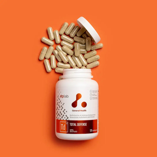 ATP Lab Total Defense dietary supplement bottle with capsules on an orange background.