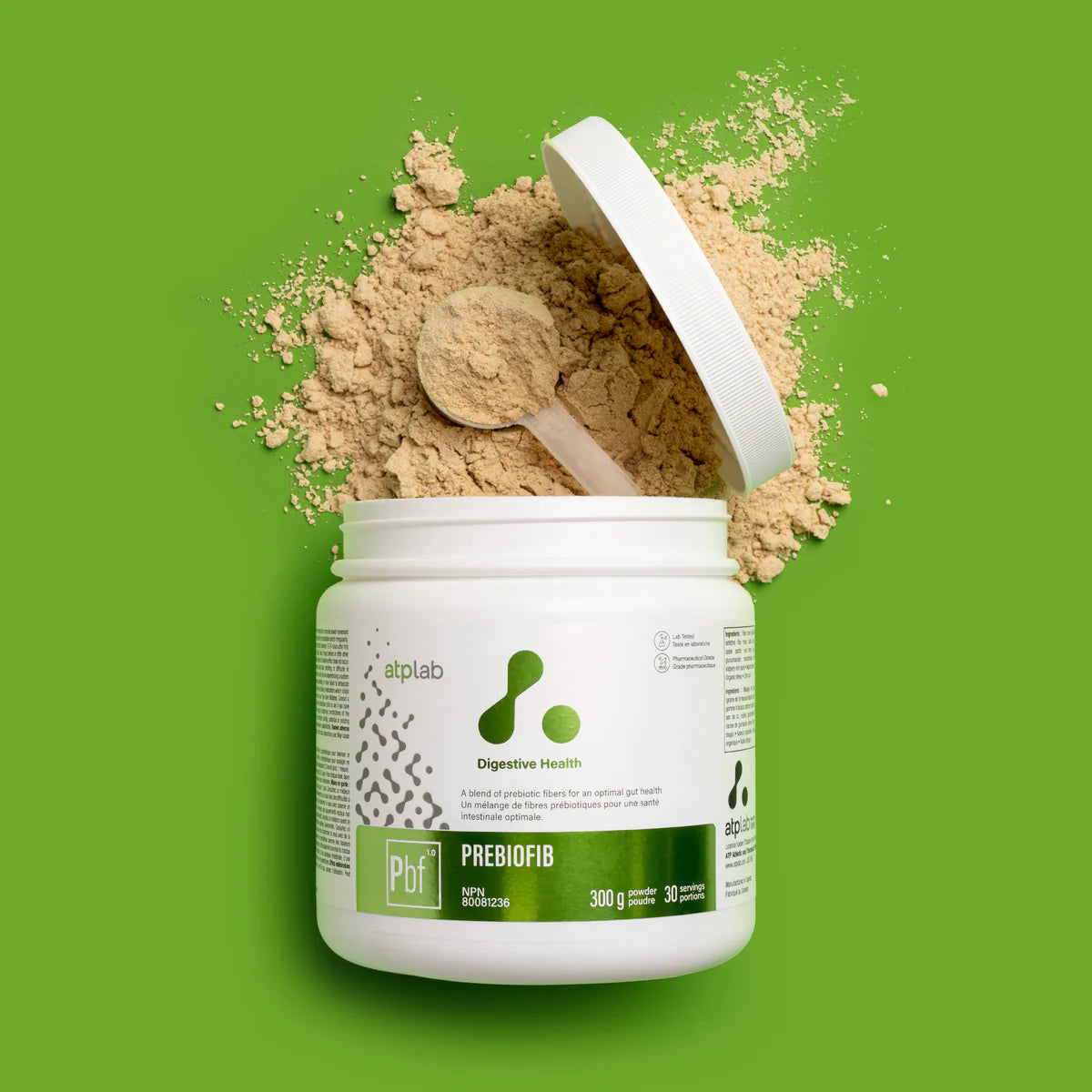 Atplab Prebiobif prebiotic powder supplement container with scoop and powder on green background