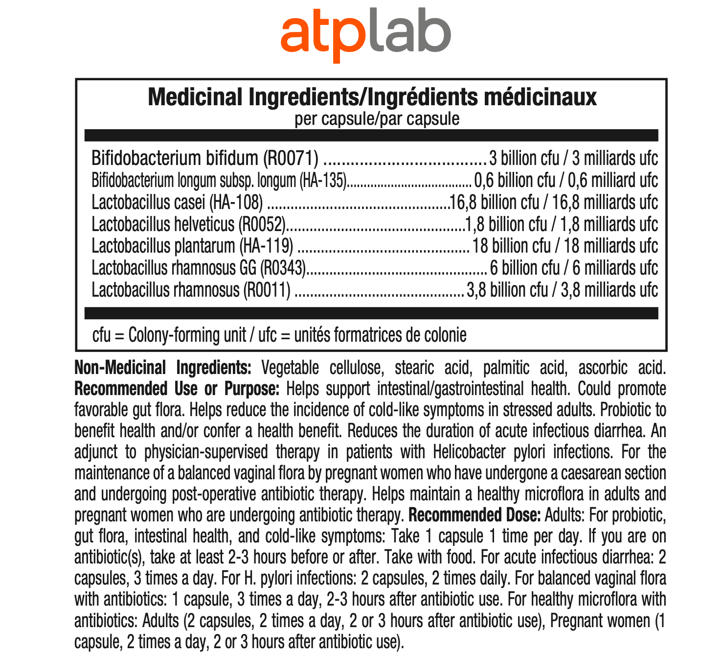 ATP Lab ProBio7 medicinal ingredients label showing probiotic strains and CFU per capsule