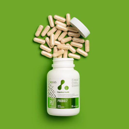ATP Lab ProBio7 probiotic supplement bottle with capsules spilling out on a green background
