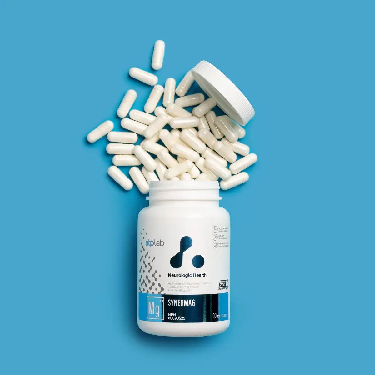 ATP-LAB SynerMag magnesium capsules spilling from supplement container