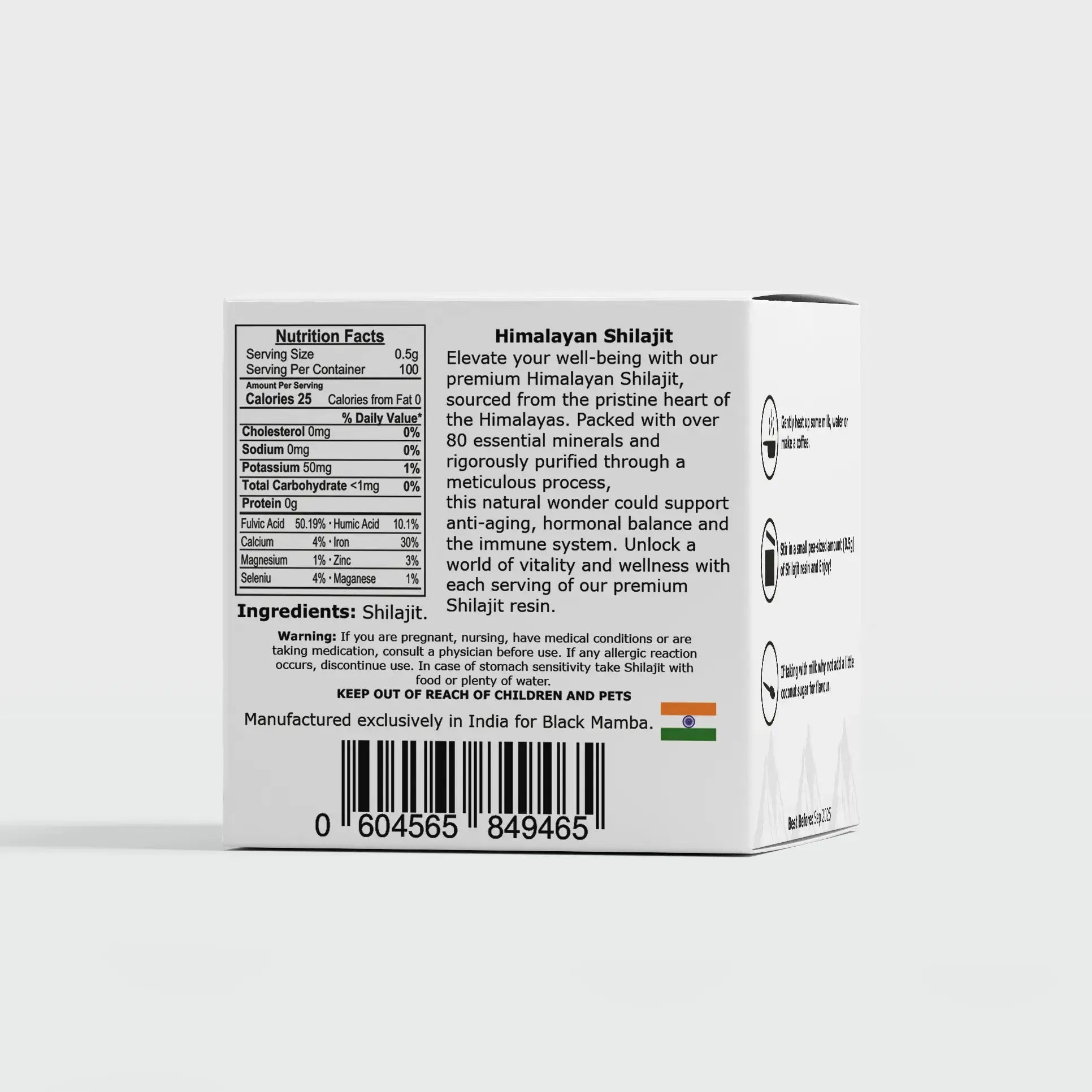 Back view of Black Mamba Shilajit 50g packaging with nutrition facts and ingredients