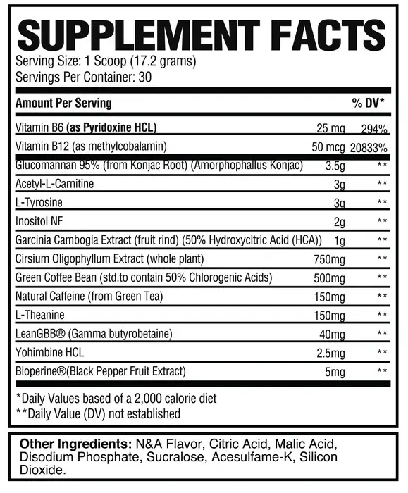 Supplement facts for Raw Nutrition Burn thermogenic powder, highlighting vitamins, extracts, and key ingredients.