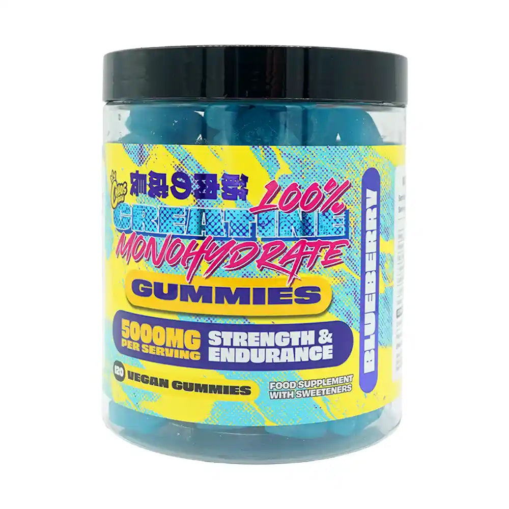 Chaos Crew creatine gummies blueberry flavour jar on white background