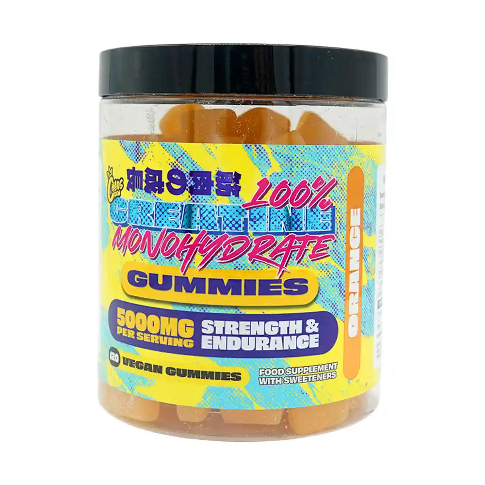 Chaos Crew creatine gummies orange flavour jar on white background