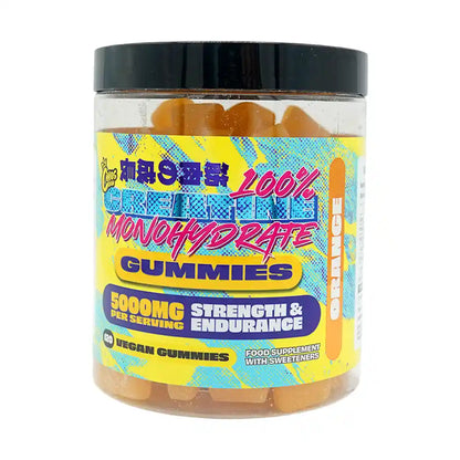 Chaos Crew creatine gummies orange flavour jar on white background