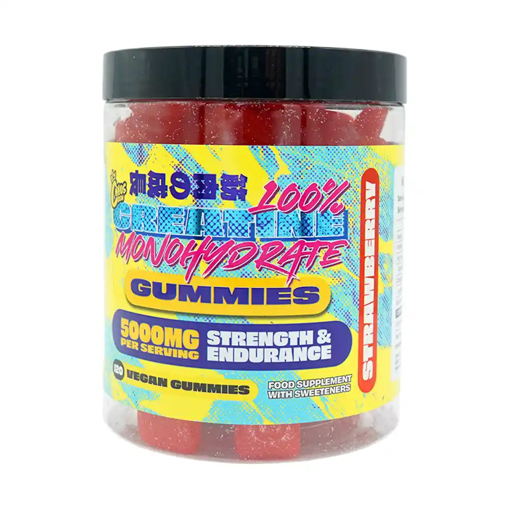 Chaos Crew creatine monohydrate gummies strawberry flavour jar on white background