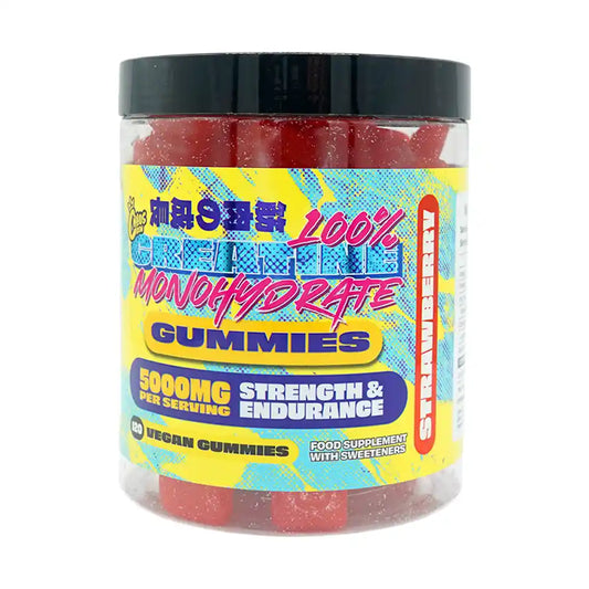Chaos Crew creatine monohydrate gummies strawberry flavour jar on white background