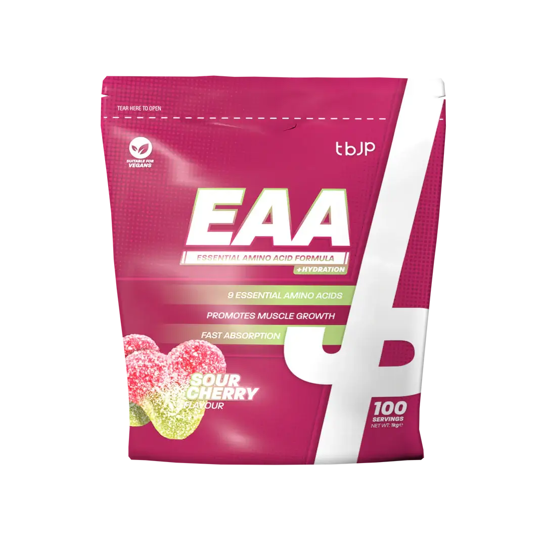 TBJP EAA Sour Cherry 1kg pack, promotes muscle growth with 9 essential amino acids, fast absorption formula.