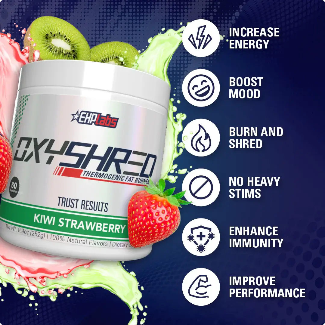 Benefits infographic for EHP Labs OxyShred Kiwi Strawberry supplement with product container