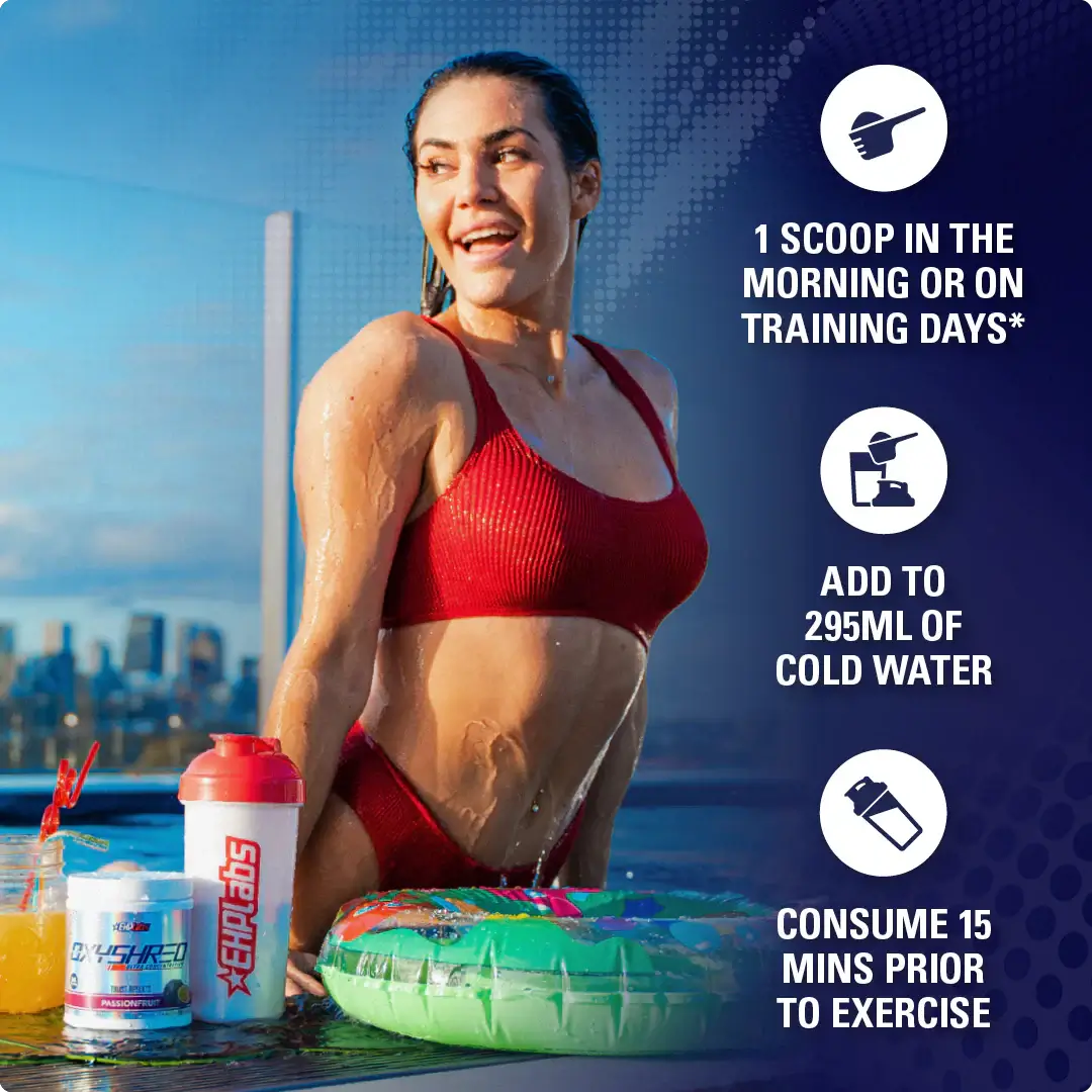 Woman holding EHP Labs OxyShred drink by a pool with usage instructions displayed