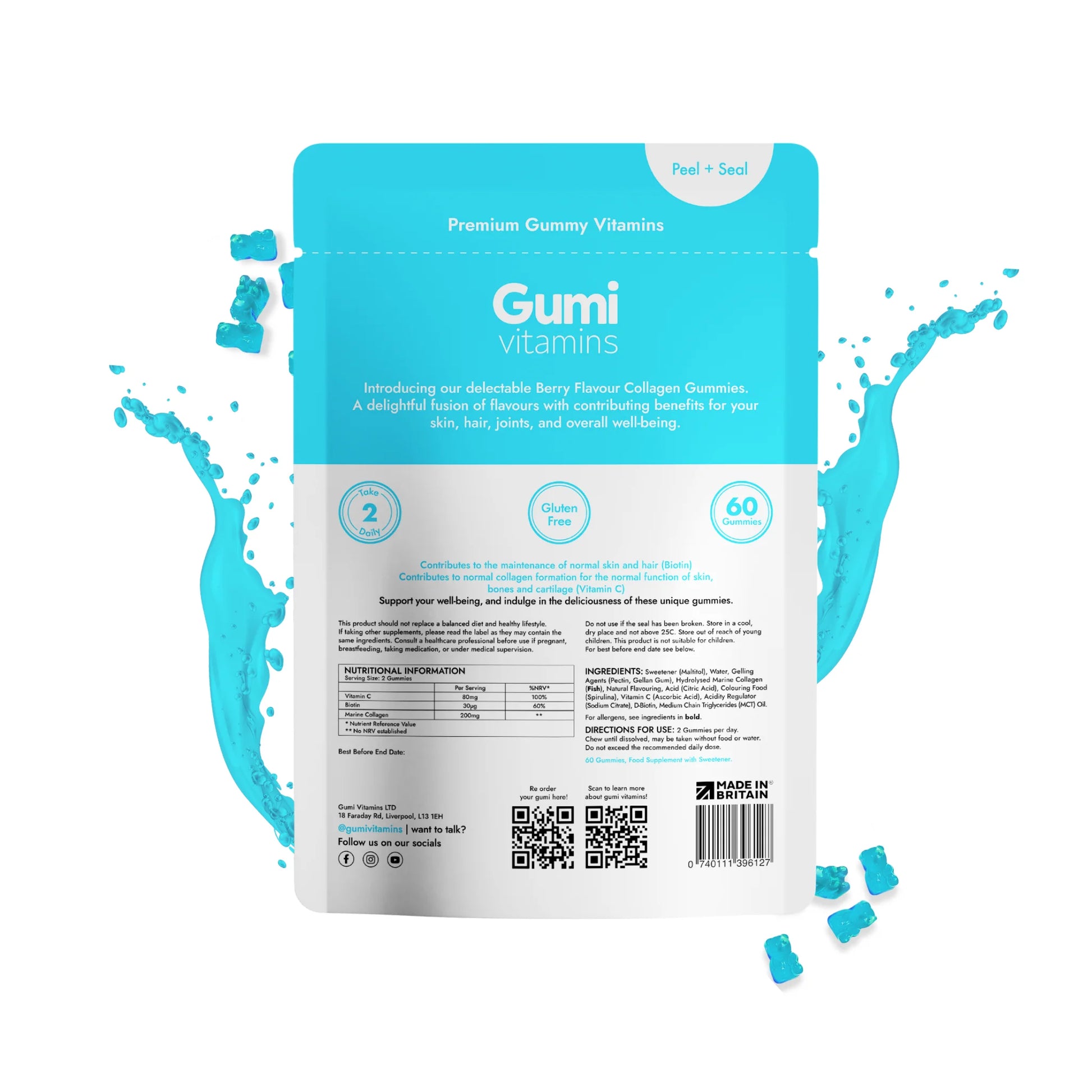 Back of Gumi Vitamins collagen berry flavour Rejuvenate gummies packaging with nutrition and ingredient information