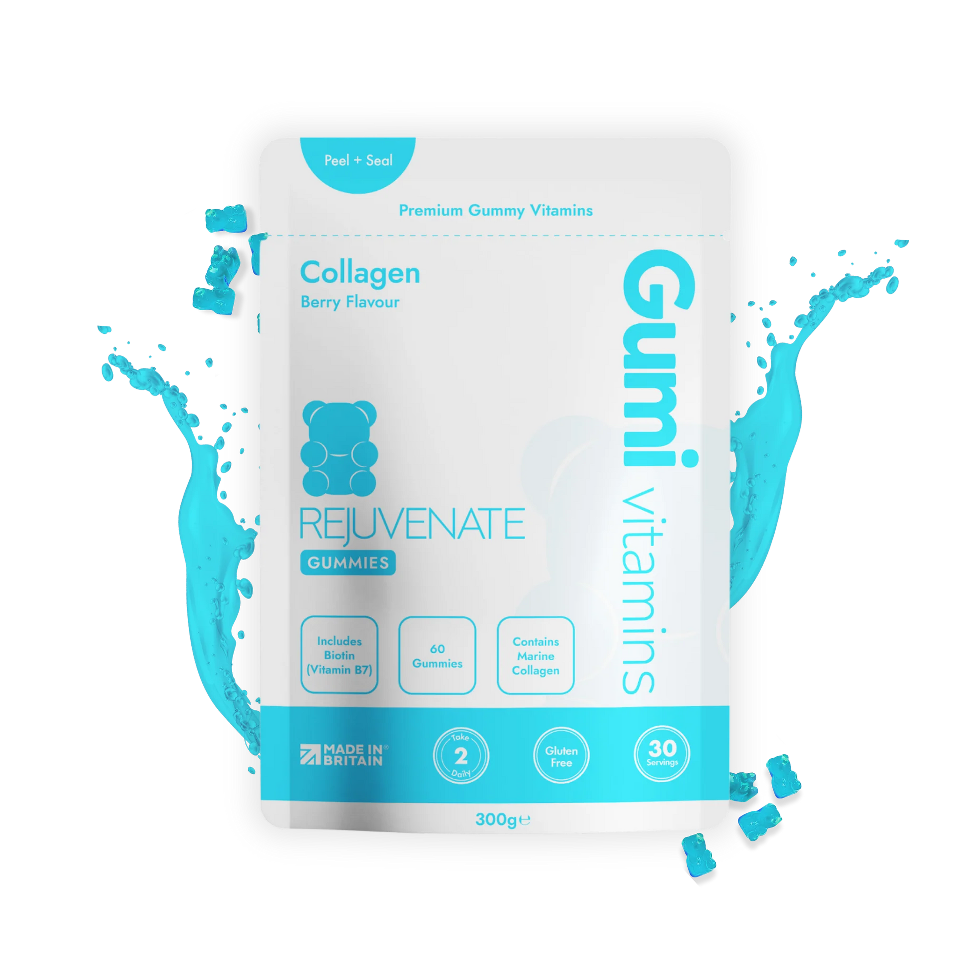 Gumi Vitamins collagen berry flavour Rejuvenate gummies packaging with blue liquid splash background