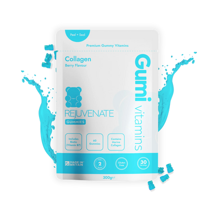 Gumi Vitamins collagen berry flavour Rejuvenate gummies packaging with blue liquid splash background