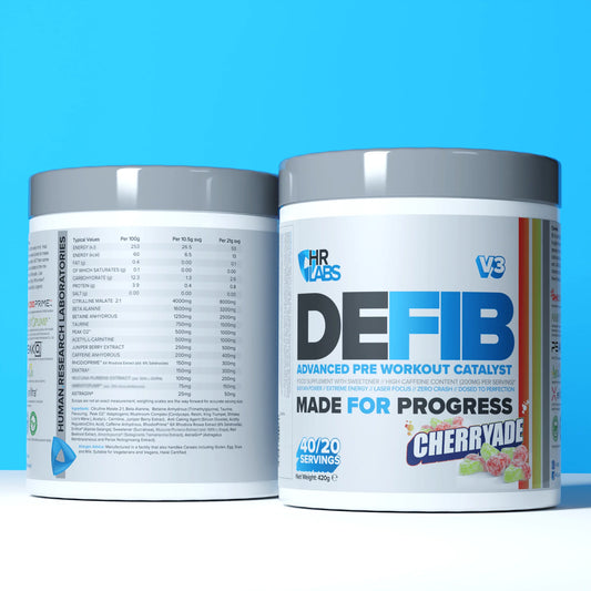 Front and back containers of HR Labs DEFIB V3 pre-workout Cherryade flavour on a blue background