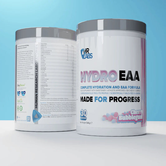 HR Labs Hydro EAA cherry bubblegum flavour containers showing front and back labels on a light blue background