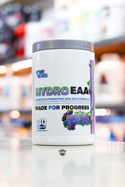HR Labs Hydro EAA grape bubbalicious supplement container on a gym counter