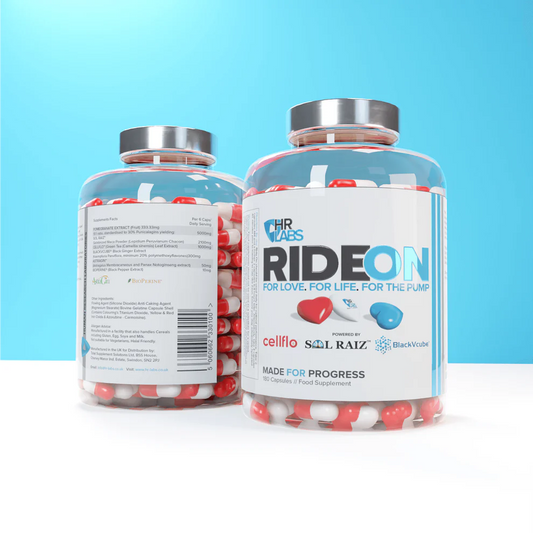 HR Labs Ride On pump supplement capsules showing front and back bottles on a white background