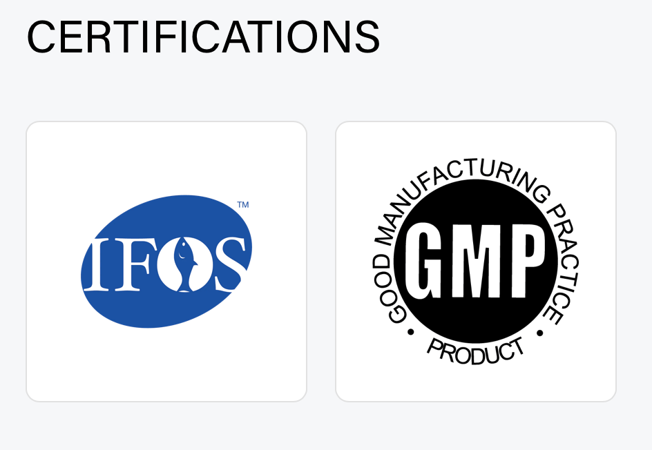 IFOS and GMP certification logos displayed for supplement manufacturing standards