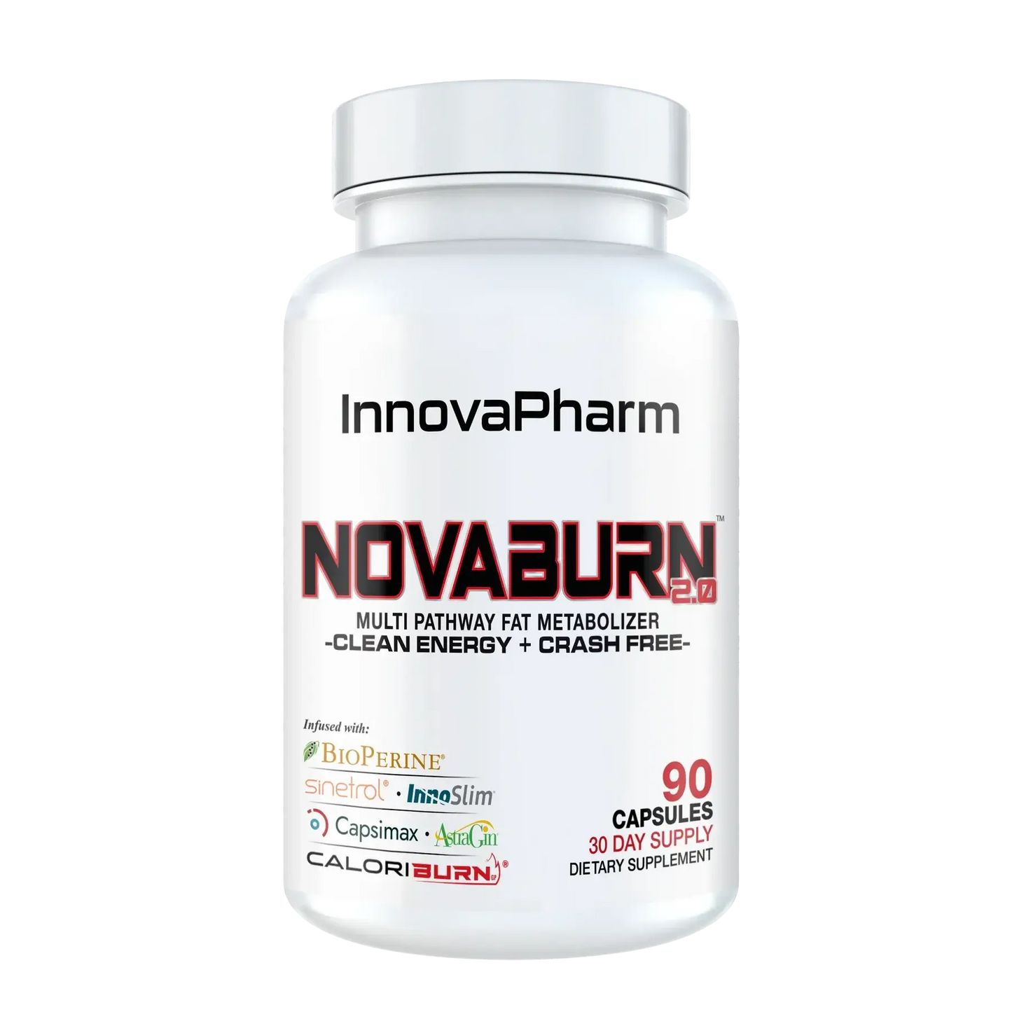 InnovaPharm Novaburn 2 dietary supplement bottle, multi-pathway fat metabolizer with 90 capsules.