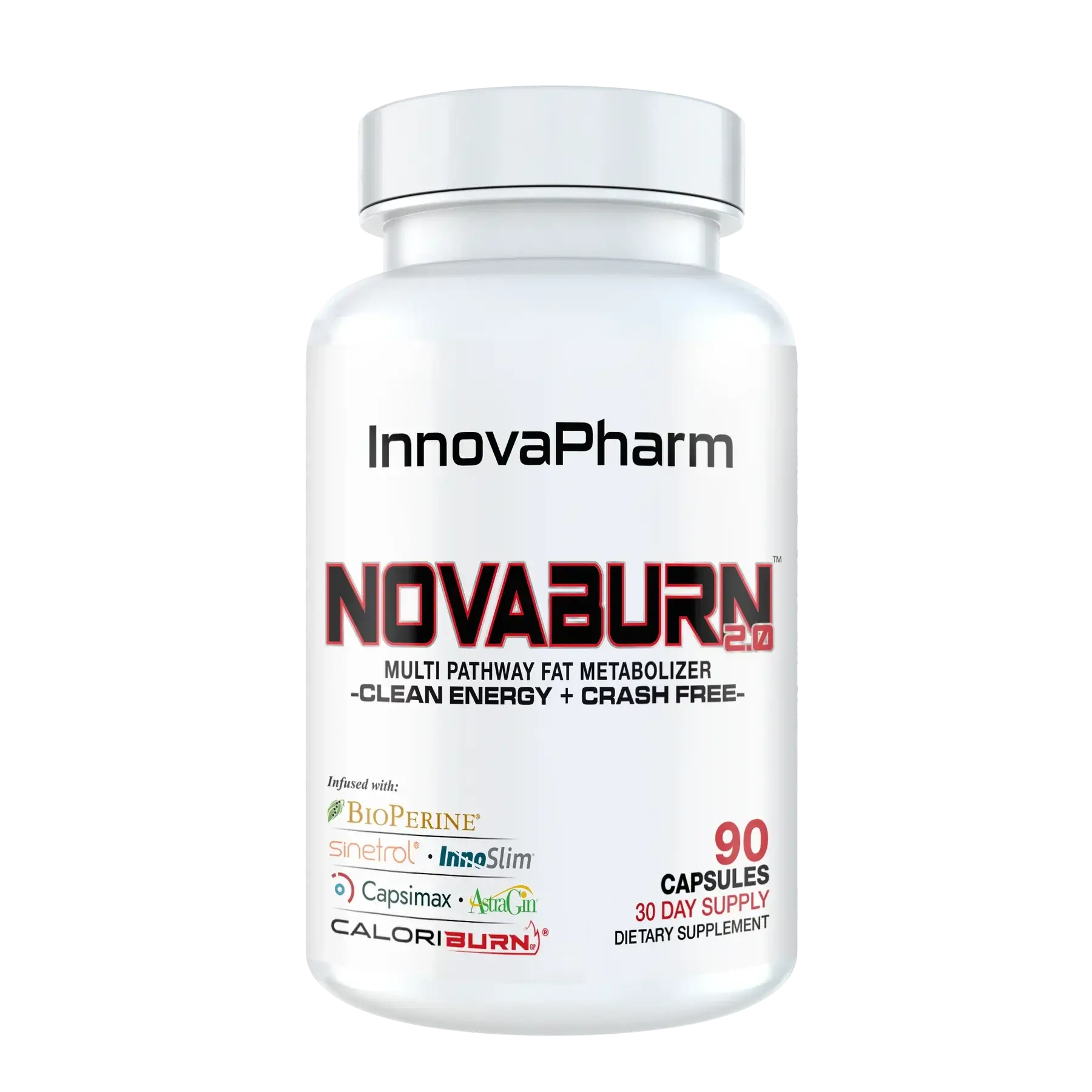 InnovaPharm Novaburn 2 dietary supplement bottle, multi-pathway fat metabolizer with 90 capsules.