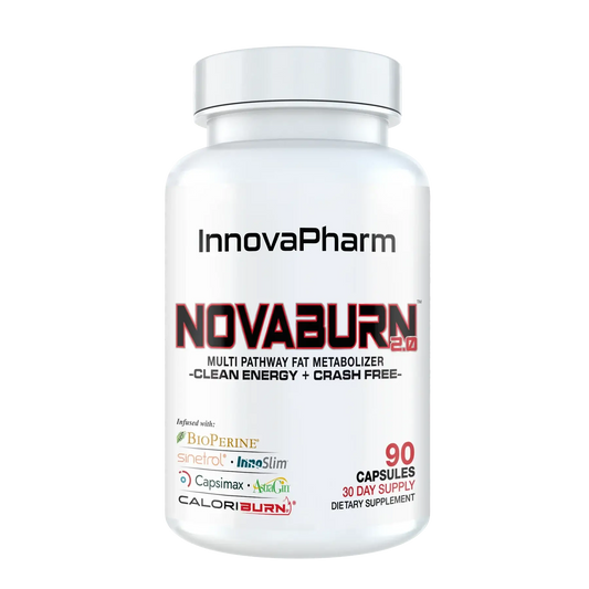 InnovaPharm Novaburn 2 dietary supplement bottle, multi-pathway fat metabolizer with 90 capsules.