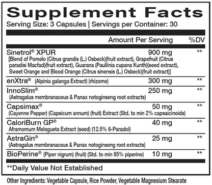 Supplement facts panel for InnovaPharm NovaBurn 2 stimulant-free capsules showing ingredients and amounts per serving.