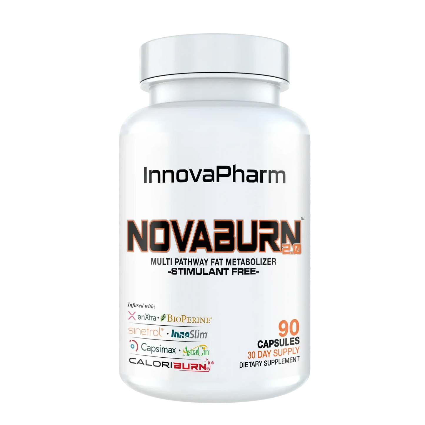 InnovaPharm NovaBurn 2 stimulant-free capsules supplement bottle on a transparent background.