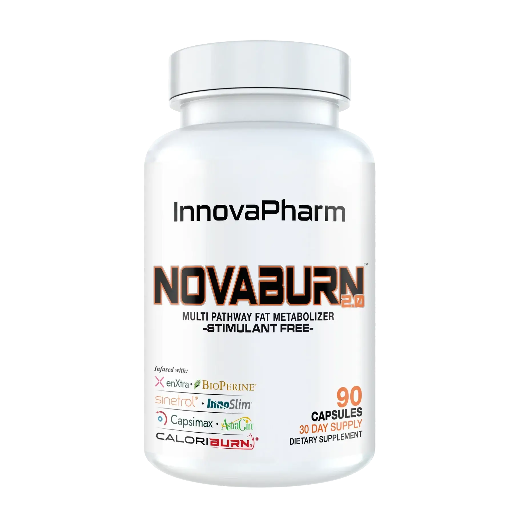 InnovaPharm NovaBurn 2 stimulant-free capsules supplement bottle on a transparent background.