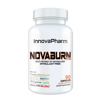 InnovaPharm NovaBurn 2 stimulant-free capsules supplement bottle on a transparent background.