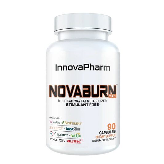 InnovaPharm NovaBurn 2 stimulant-free capsules supplement bottle on a transparent background.