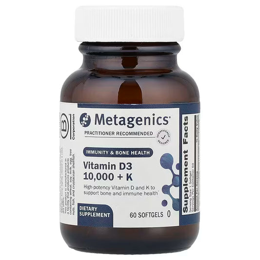 Metagenics vitamin D3 and vitamin K supplement bottle 10000 IU on white background