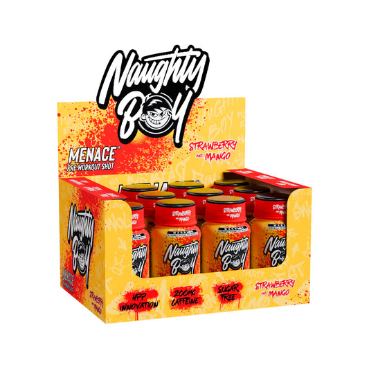 Naughty Boy Menace pre workout shot display box strawberry mango flavour