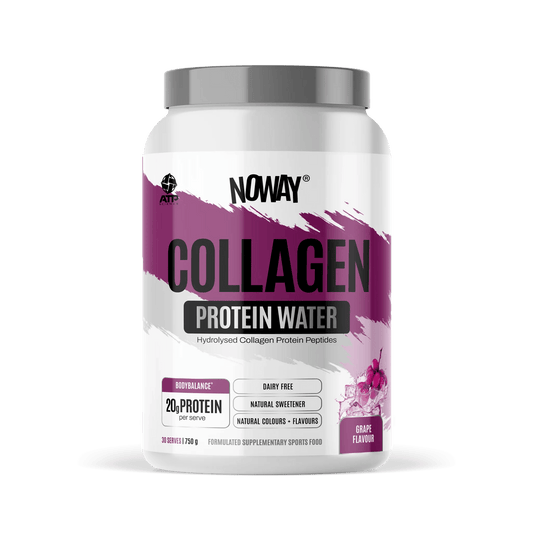 NOWAY Collagen Protein Water in grape flavor providing 20g collagen protein per serving, dairy-free formula.