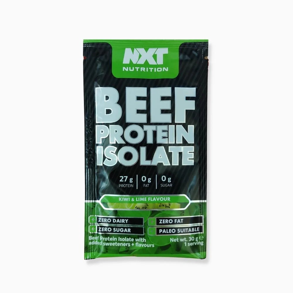 NXT Nutrition Beef Protein Isolate 30g sachet sample pack, dairy-free protein powder