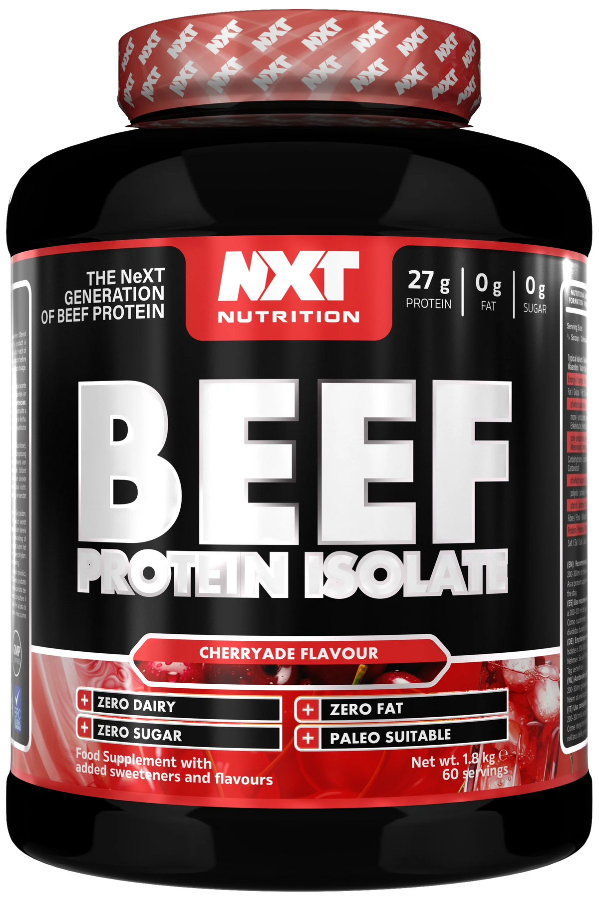 NXT Nutrition beef protein isolate cherryade flavour tub on white background