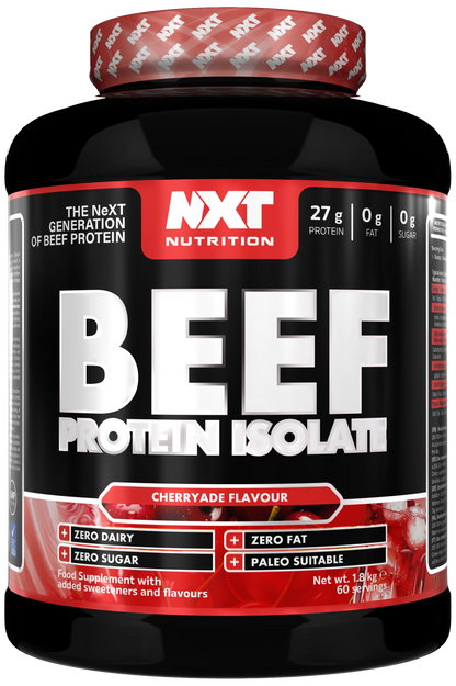 NXT Nutrition beef protein isolate cherryade flavour tub on white background