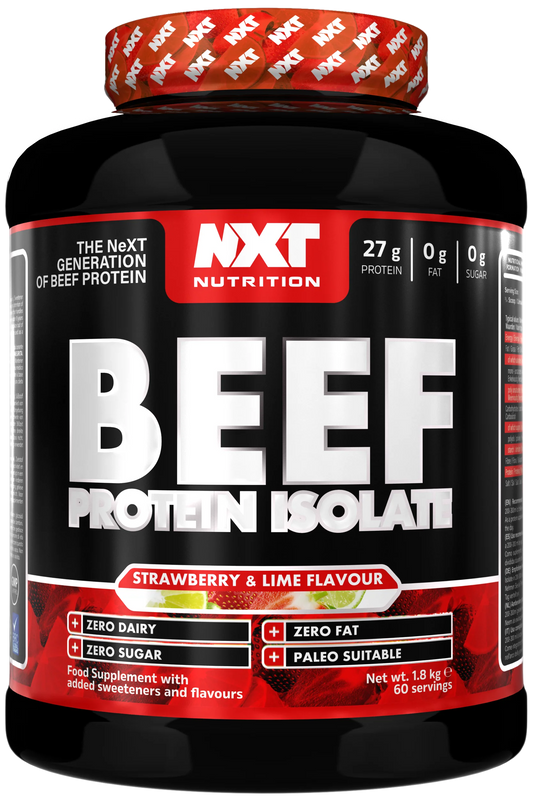 NXT Nutrition beef protein isolate strawberry and lime flavour tub on white background