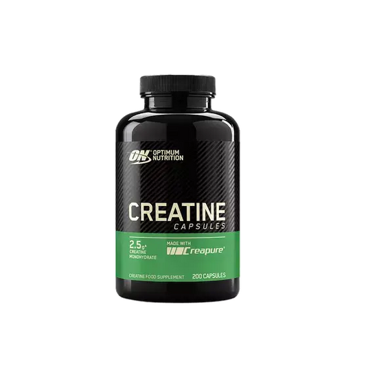 ON Creatine Capsules bottle with 200 capsules, each containing 2.5g of pure creatine monohydrate for performance support.