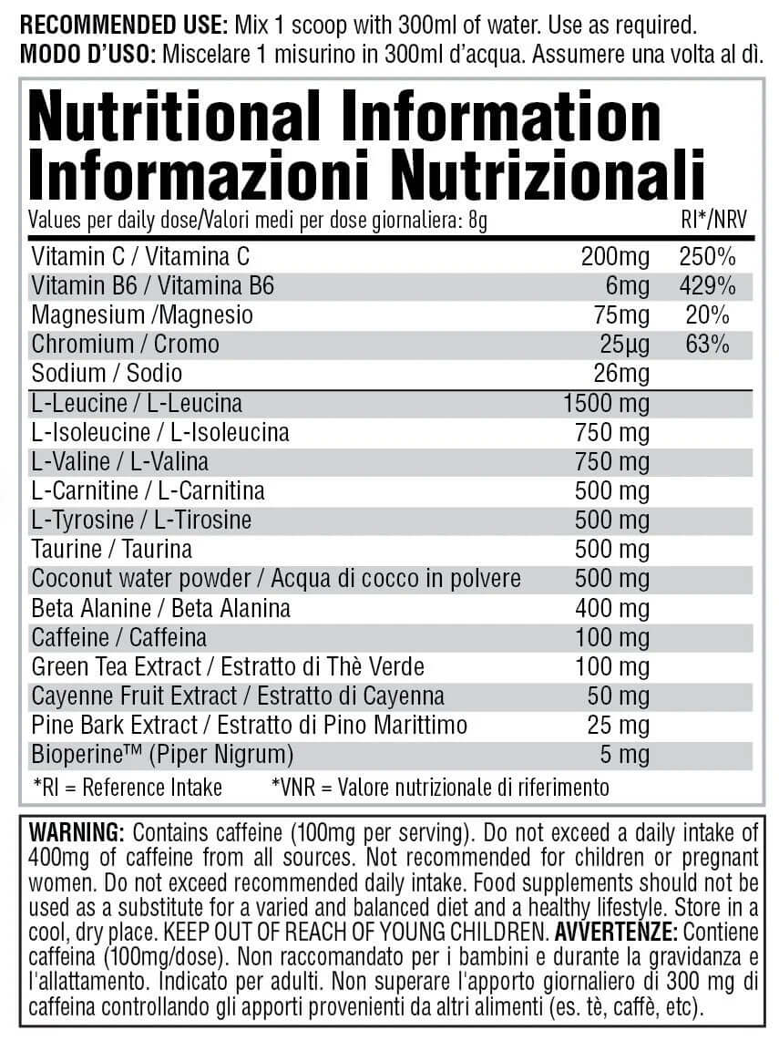 Nutrition facts panel for PER4M Amino Burn Lemon Lime Popsicle
