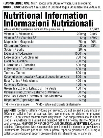 Nutrition facts panel for PER4M Amino Burn Lemon Lime Popsicle
