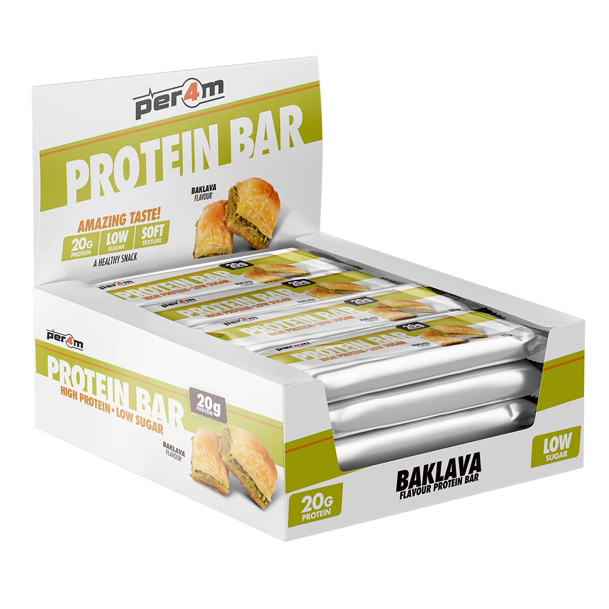 Box of PER4M Baklava protein bars displayed in retail packaging