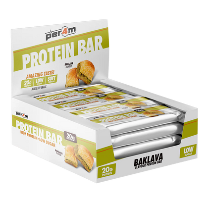 Box of PER4M Baklava protein bars displayed in retail packaging