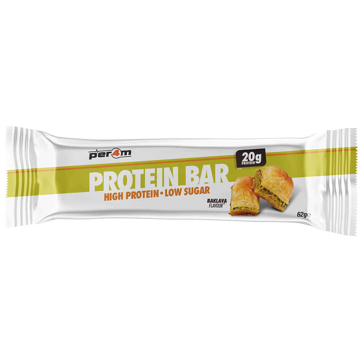 Single PER4M Baklava protein bar in individual wrapper